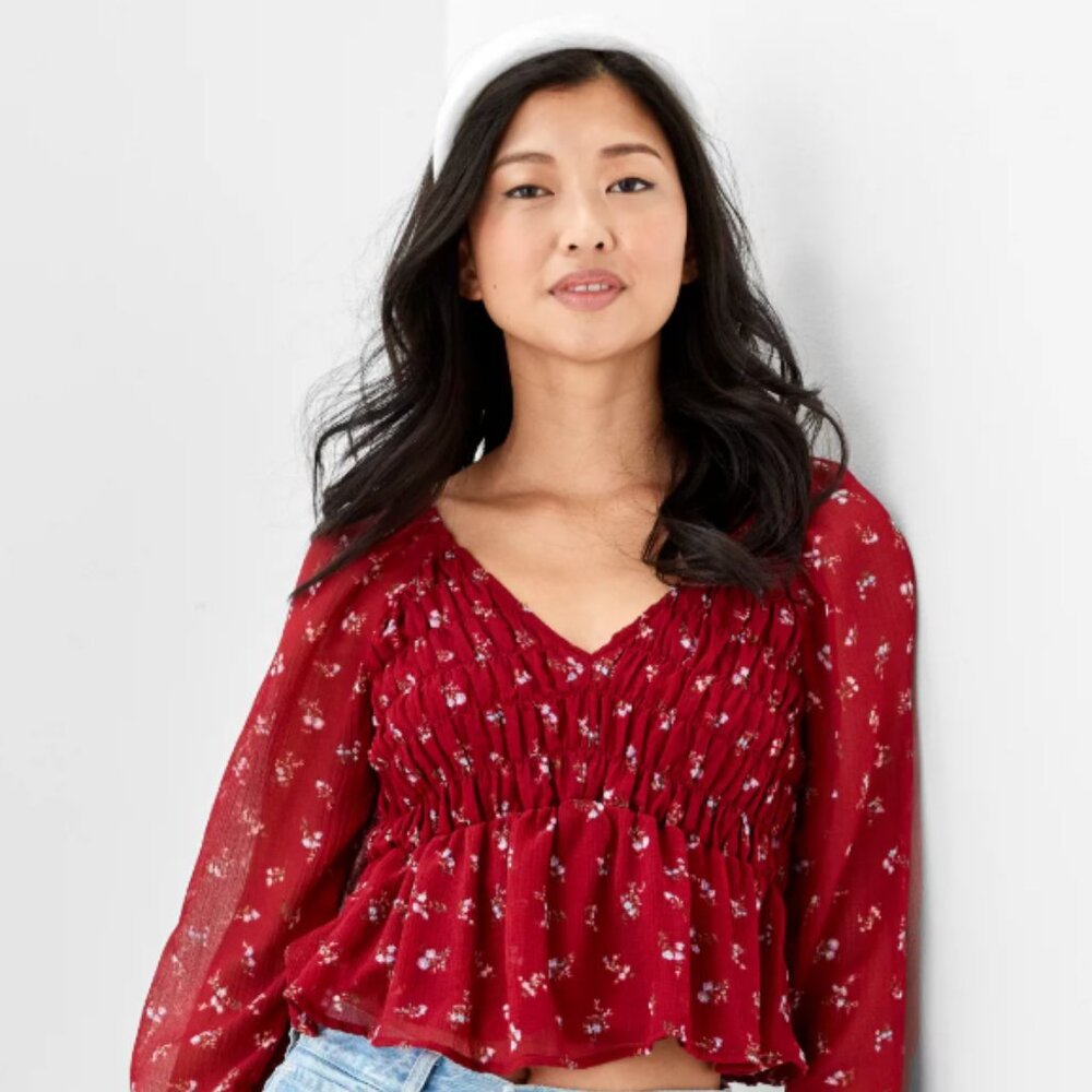 american eagle smocked long sleeve red blouse NWT